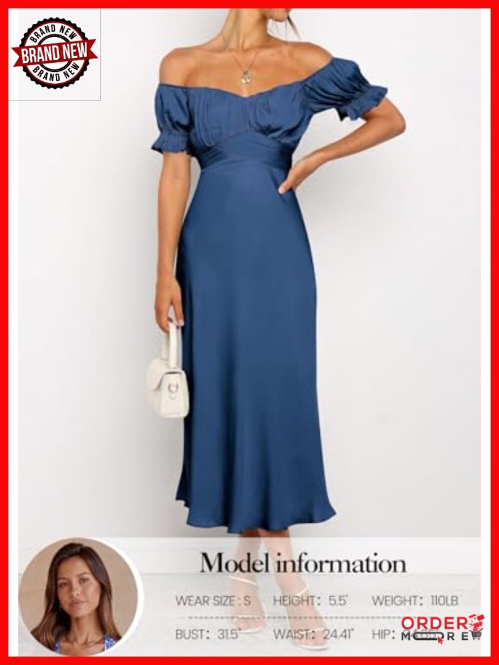 Off Shoulder Satin Midi Dress Wrap Ruched Bust Party Cocktail Formal - Picture 3 of 6